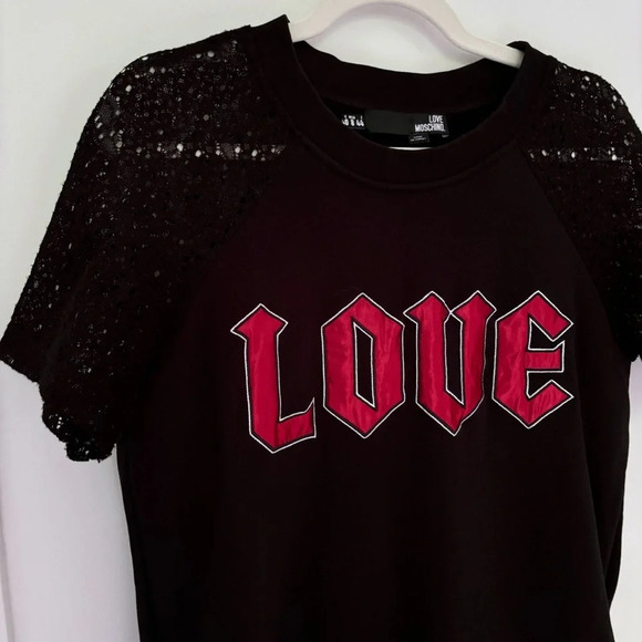 Love Moschino Black Sweatshirt dress love satin patch lace short sleeves Size 8 - Picture 3 of 8